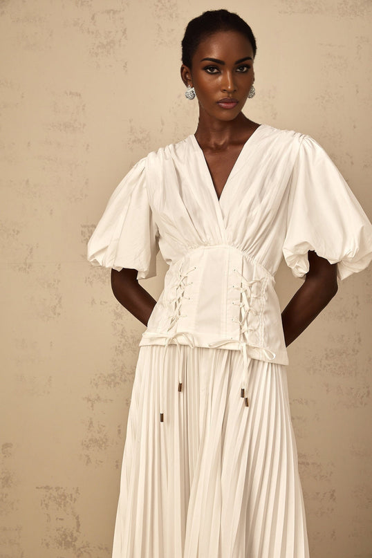 Brielle White Maxi Dress Plunging V-Neck Half Puff Sleeves Cinched Waist Lace-Up Pleated Detailing Rear Zip Fastening Terylene Fiber Luxury Special Occasion
