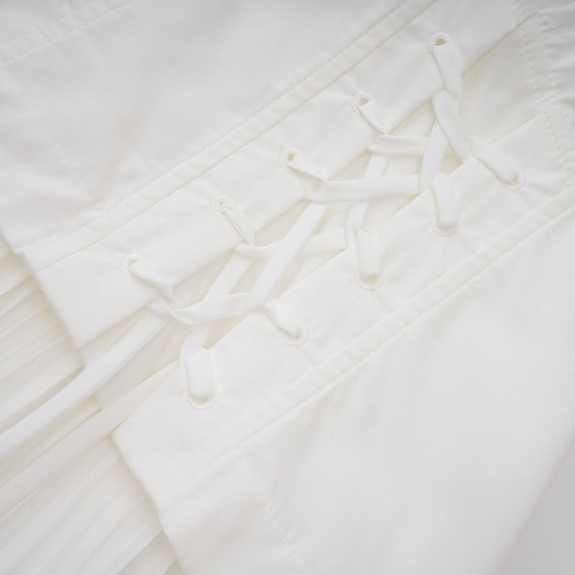 Brielle White Maxi Dress Plunging V-Neck Half Puff Sleeves Cinched Waist Lace-Up Pleated Detailing Rear Zip Fastening Terylene Fiber Luxury Refinement Special Occasion