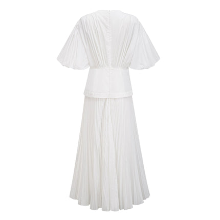 Brielle White Maxi Dress Plunging V-Neck Half Puff Sleeves Cinched Waist Lace-Up Pleated Detailing Rear Zip Fastening 100% Terylene Fiber Luxury Special Occasion