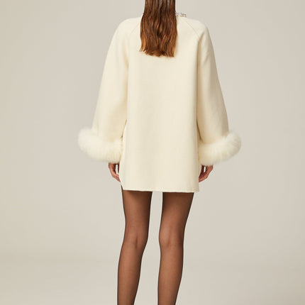 Brielle White Wool Fur Crystal Pearl Embellished Coat