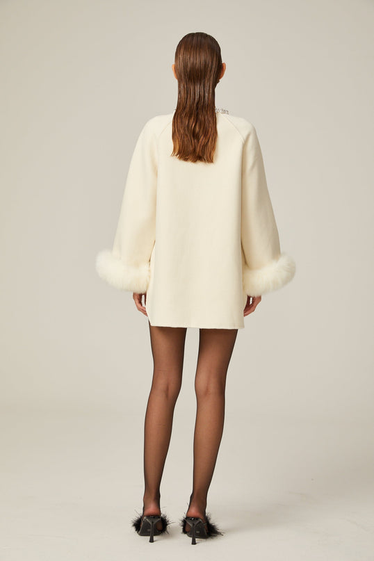 Brielle White Wool Fur Crystal Pearl Embellished Coat