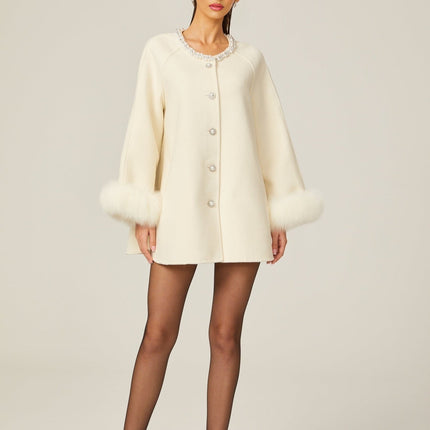 Brielle White Wool Fur Crystal Pearl Embellished Coat