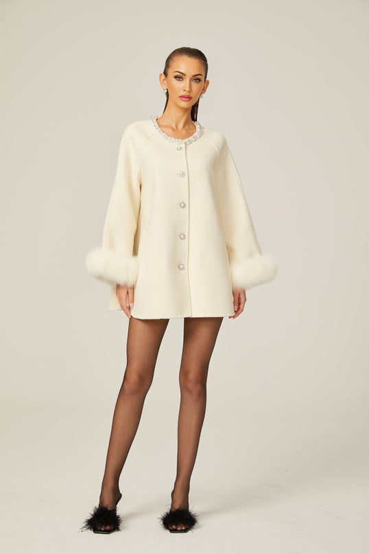 Brielle White Wool Fur Crystal Pearl Embellished Coat