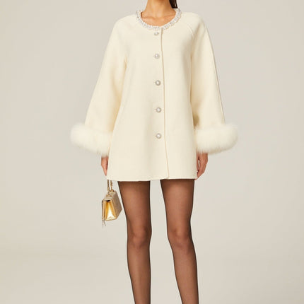 Brielle White Wool Fur Crystal Pearl Embellished Coat