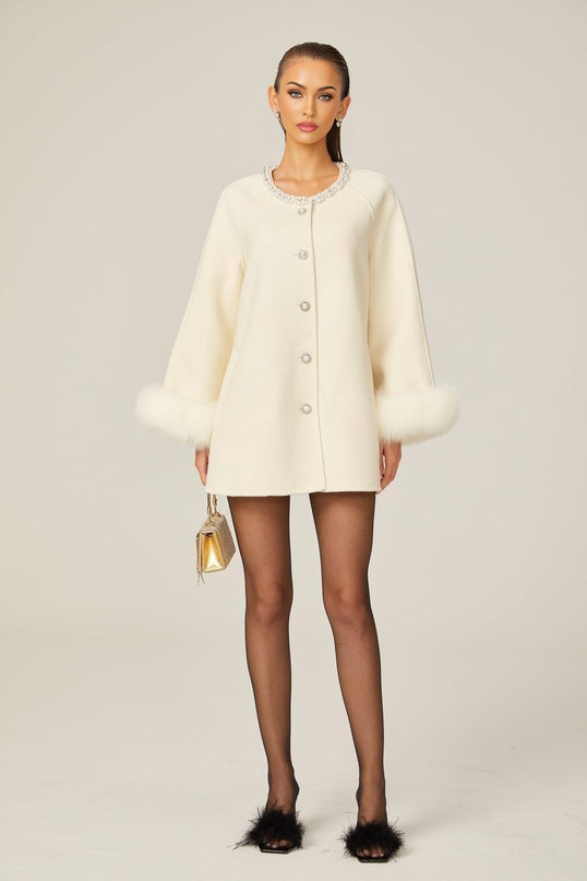 Brielle White Wool Fur Crystal Pearl Embellished Coat