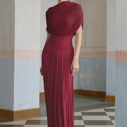 Brinley Wine Red Bold Maxi Dress with Asymmetric Pleats and Shawl Design