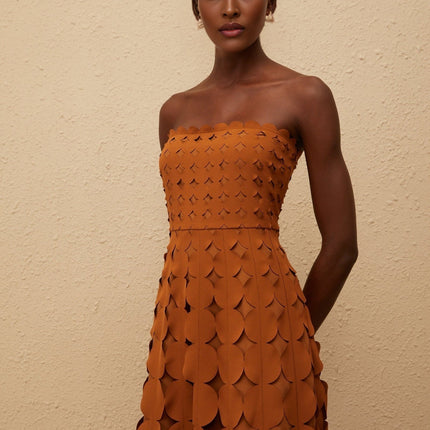 Brinley Brown Midi Dress with Scallop Trim in Luxurious Terylene and Spandex Blend