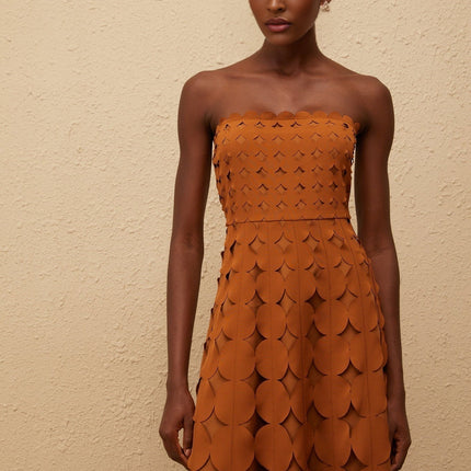 Brinley Brown Midi Dress Scallop Trim Sleeveless Cut-Out Detailing