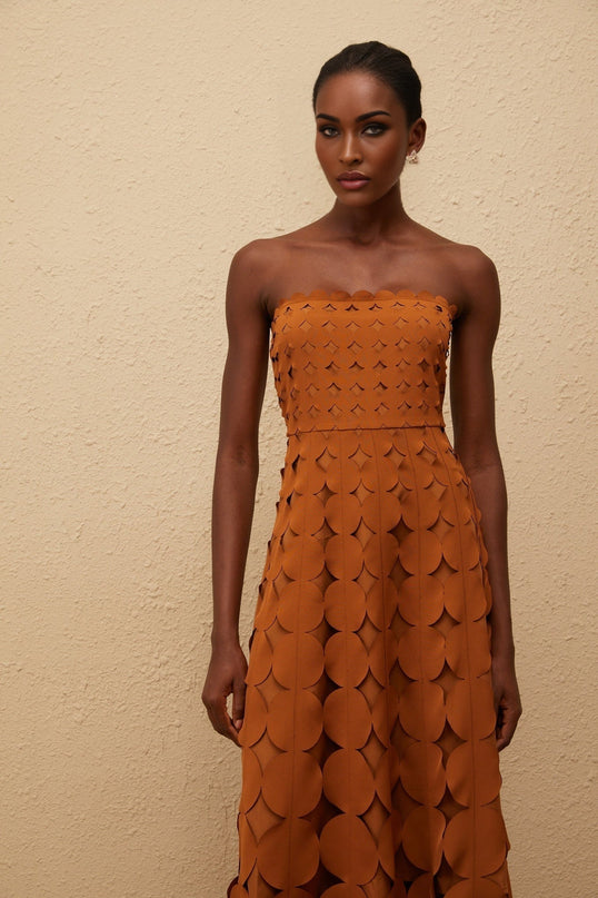 Brinley Brown Midi Dress Scallop Trim Sleeveless Cut-Out Detailing