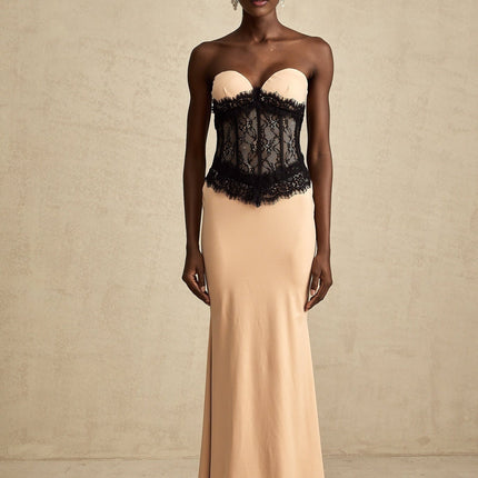 Brinley Maxi Dress Apricot & Black Sleeveless Lace Panel Sweetheart Neckline Bustier Style