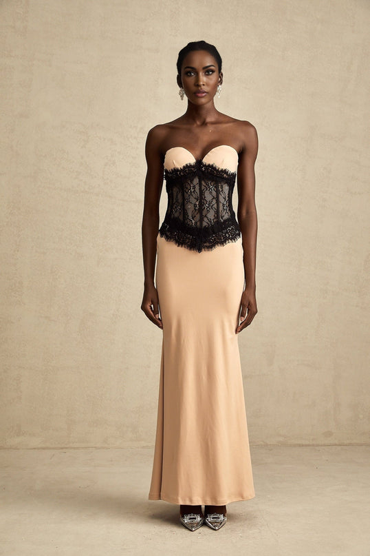 Brinley Maxi Dress Apricot & Black Sleeveless Lace Panel Sweetheart Neckline Bustier Style