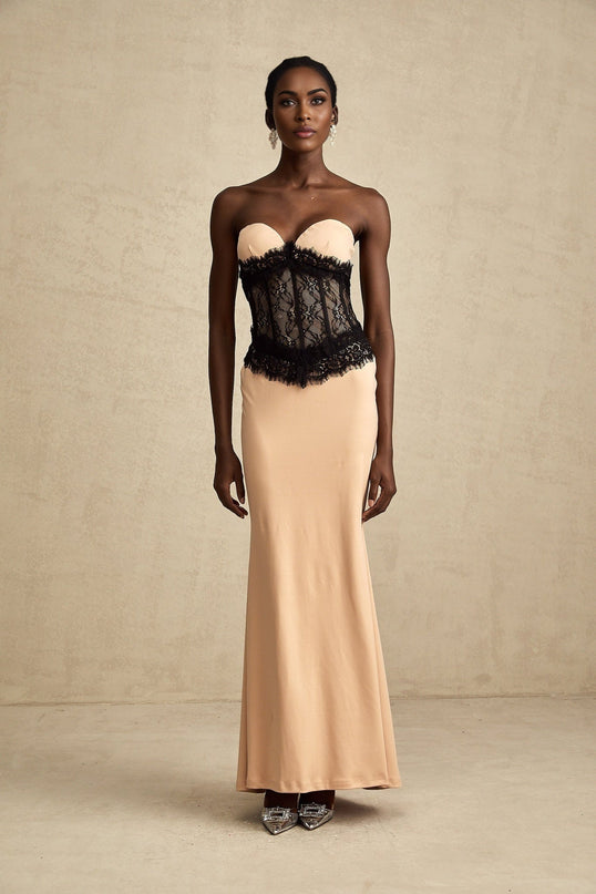 Brinley Maxi Dress in Apricot & Black colorway