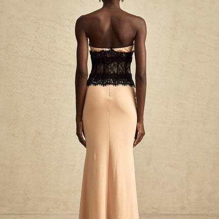 Brinley Maxi Dress Apricot & Black Sleeveless Lace Panel Bustier Sweetheart Neckline Terylene Acetate Rear Zip Special Occasions Elegant Modern Charm Glamour