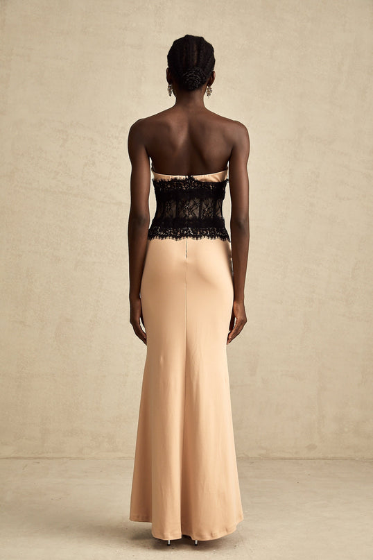 Brinley Maxi Dress Apricot & Black Sleeveless Lace Panel Bustier Sweetheart Neckline Terylene Acetate Rear Zip Special Occasions Elegant Modern Charm Glamour