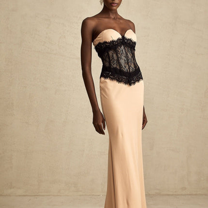 Brinley Maxi Dress Apricot & Black Sleeveless Lace Panel Sweetheart Neckline Bustier Style Off-Shoulder Rear Zip Fastening 70% Terylene 30% Acetate Special Occasion Elegant Modern Charm