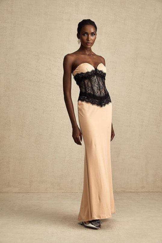 Brinley Maxi Dress Apricot & Black Sleeveless Lace Panel Sweetheart Neckline Bustier Style Off-Shoulder Rear Zip Fastening 70% Terylene 30% Acetate Special Occasion Elegant Modern Charm