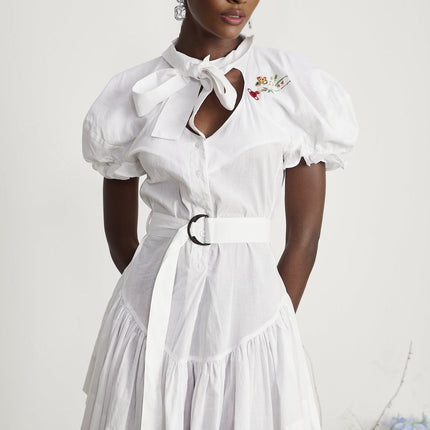 Brinley White Poplin Mini Dress with Floral Embroidery and Pussy-Bow Fastening