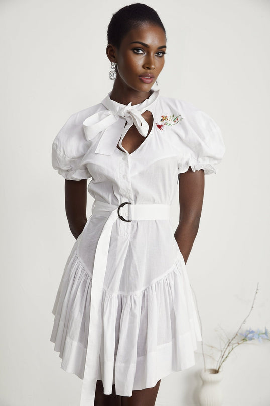 Brinley White Poplin Mini Dress with Floral Embroidery and Pussy-Bow Fastening
