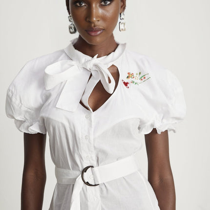 Brinley White Poplin Mini Dress with Floral Embroidery and Pussy-Bow Fastening