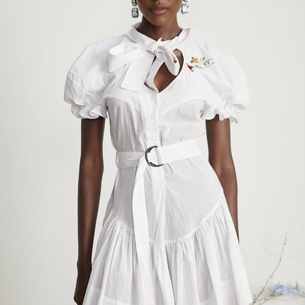 Brinley White Poplin Mini Dress with Floral Embroidery Short Puff Sleeves and Pussy-Bow Fastening