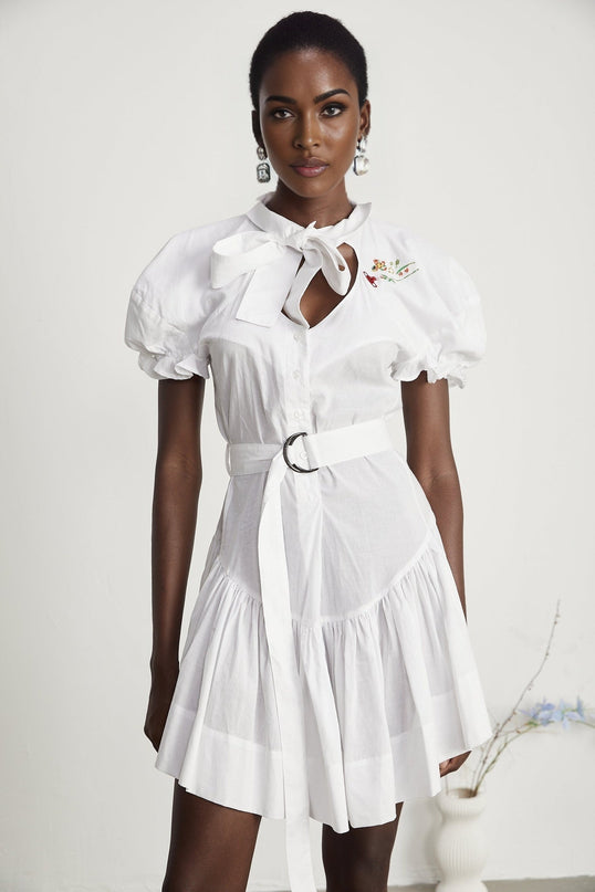 Brinley White Poplin Mini Dress with Floral Embroidery Short Puff Sleeves and Pussy-Bow Fastening