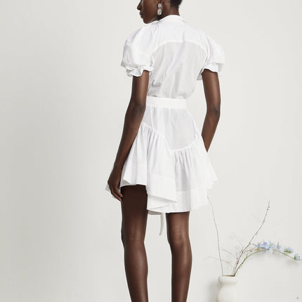 Brinley White Poplin Mini Dress with Floral Embroidery Short Puff Sleeves and Pussy-Bow Fastening