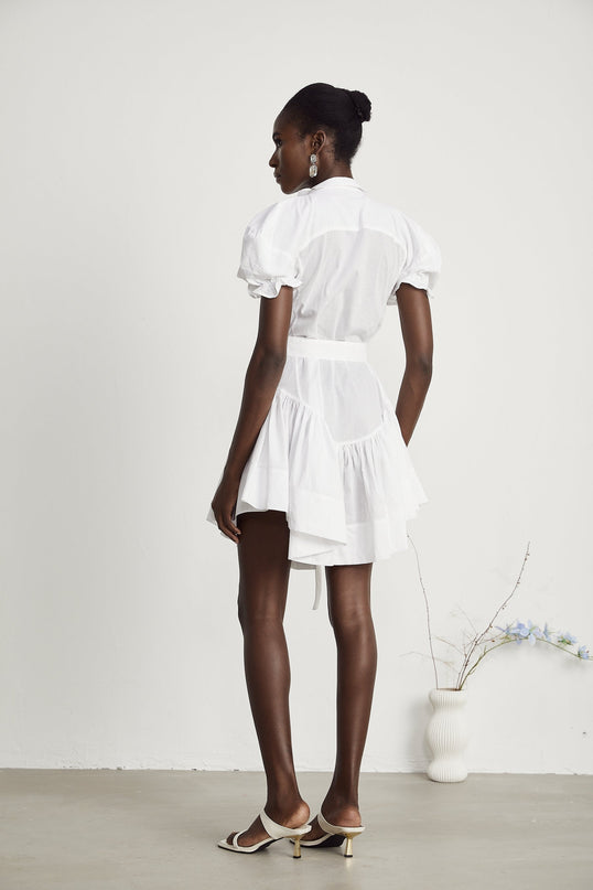 Brinley White Poplin Mini Dress with Floral Embroidery Short Puff Sleeves and Pussy-Bow Fastening
