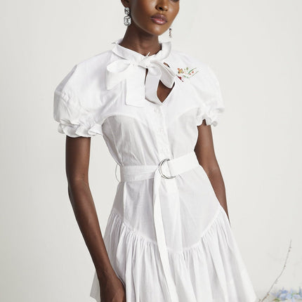 Brinley White Poplin Mini Dress with Floral Embroidery and Pussy-Bow Fastening