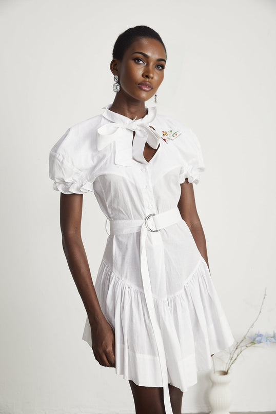 Brinley White Poplin Mini Dress with Floral Embroidery and Pussy-Bow Fastening