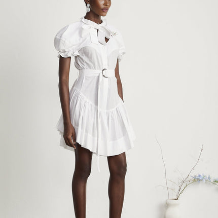 Brinley White Poplin Mini Dress with Floral Embroidery Short Puff Sleeves and Pussy-Bow Fastening