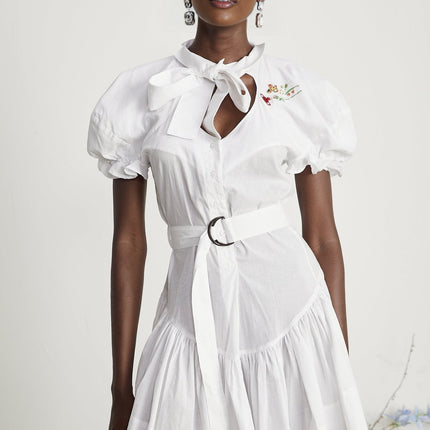 Brinley White Poplin Mini Dress with Floral Embroidery and Pussy-Bow Fastening