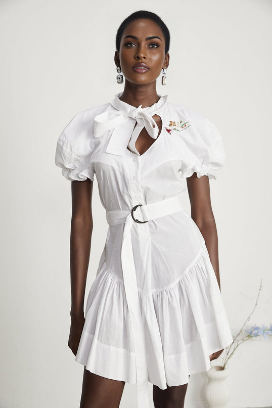 Brinley White Poplin Mini Dress with Floral Embroidery and Pussy-Bow Fastening