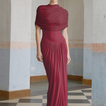 Brinley Wine Red Bold Maxi Dress with Asymmetric Pleats and Shawl Design