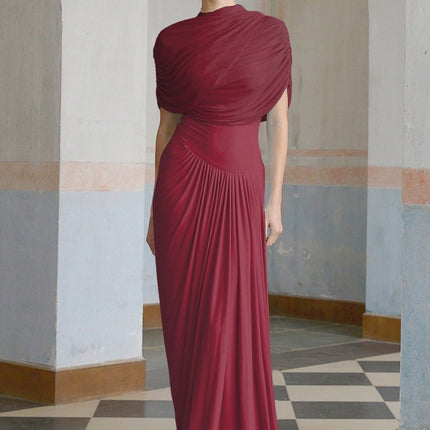 Brinley Wine Red Maxi Dress with Asymmetric Pleats and Shawl Design