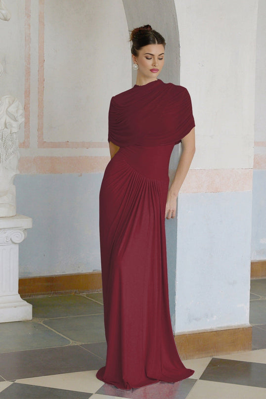 Brinley Wine Red Maxi Dress with Asymmetric Pleats and Shawl Design
