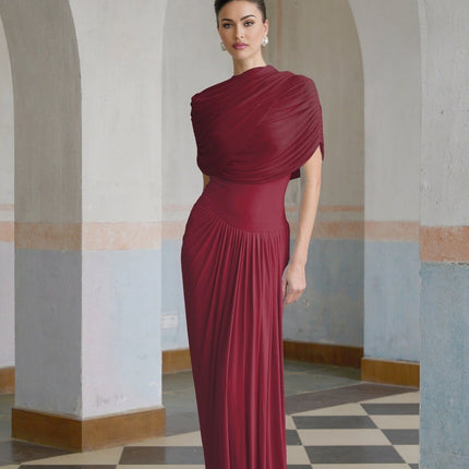 Brinley Wine Red Maxi Dress with Asymmetric Pleats and Shawl Design