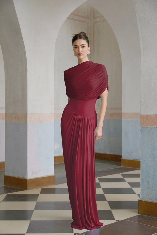 Brinley Wine Red Maxi Dress with Asymmetric Pleats and Shawl Design