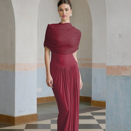 Brinley Wine Red Maxi Dress with Asymmetric Pleats and Shawl Design