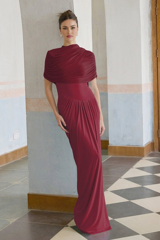 Brinley Wine Red Maxi Dress with Asymmetric Pleats and Shawl Design
