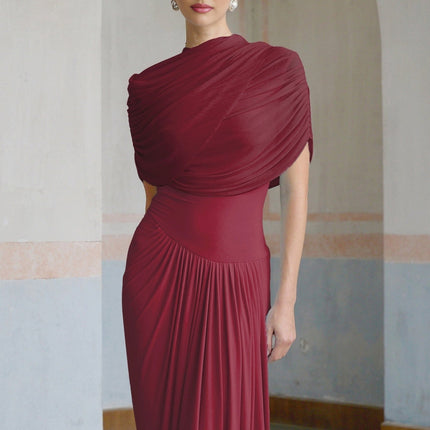 Brinley Wine Red Maxi Dress with Shawl Design and Asymmetric Pleats