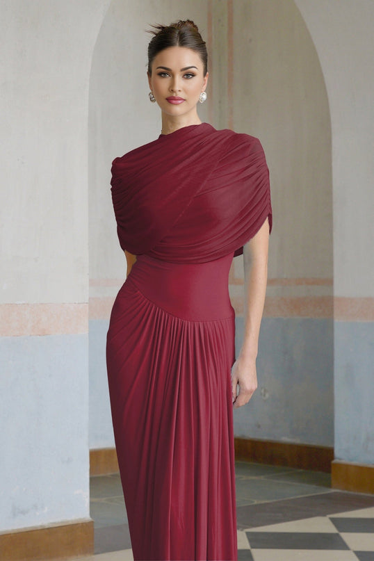 Brinley Wine Red Maxi Dress with Shawl Design and Asymmetric Pleats