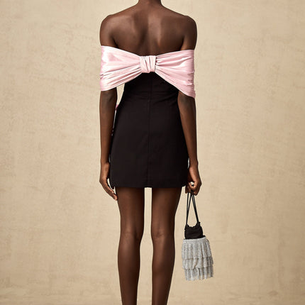Bristol Black and Pink Color Block Crystal Embellished Mini Dress with Bow Detail and Ruffled Accents