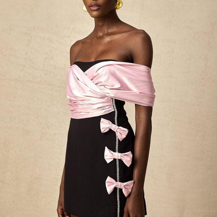 Bristol Black Pink Color Block Mini Dress Crystal Embellishment Bow Detail Off-the-Shoulder Ruffled Accents Rear Zip Fastening Fitted Shape