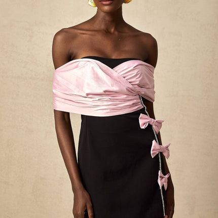 Bristol Black and Pink Color Block Mini Dress with Crystal Embellishment and Bow Detail