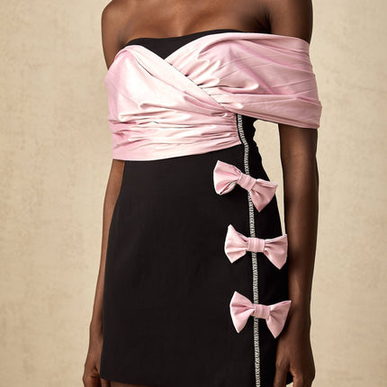 Bristol Black and Pink Color Block Mini Dress with Crystal Embellishment and Bow Detail