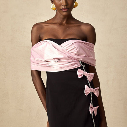 Bristol Black Pink Color Block Mini Dress with Crystal Embellishment and Bow Detail