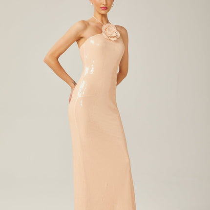 Bristol Blush Beige Sequin Embellished Halterneck Maxi Dress