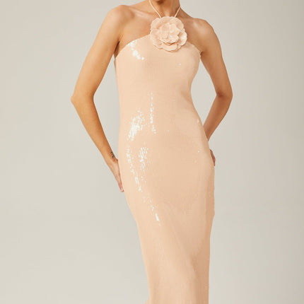 Bristol Maxi Dress in Blush Beige Sequin Embellished Halterneck Floral Appliqué Side Slit Terylene Fabric