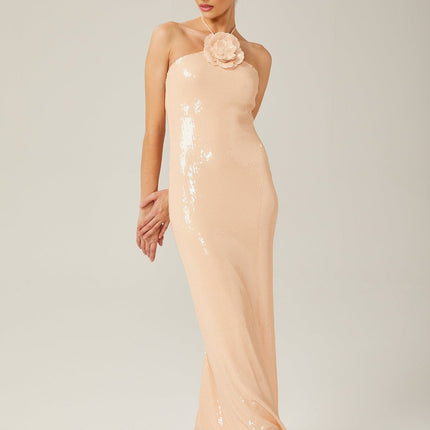 Bristol Maxi Dress in Blush Beige Sequin Embellished Halterneck Terylene Fabric