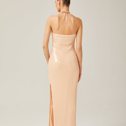 Bristol Maxi Dress in Blush Beige Sequin Embellished Halterneck Floral Appliqué Side Slit Terylene Fabric
